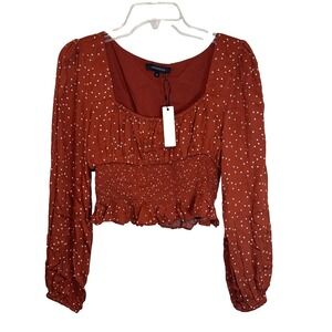 NEW Crop Top Olivaceous Peasant Long Sleeve Smocked Blouse Cottagecore Concert